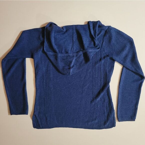 Eddie Bauer Women's Blue Knit V-neck Hooded Long Sleeve Sweater - Picture 11 of 11